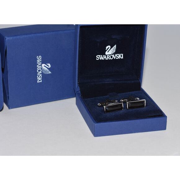 Swarovski Rectangle Jet Black Austrian Crystal Francesco #66104 Cufflinks NEW!! - Picture 1 of 2